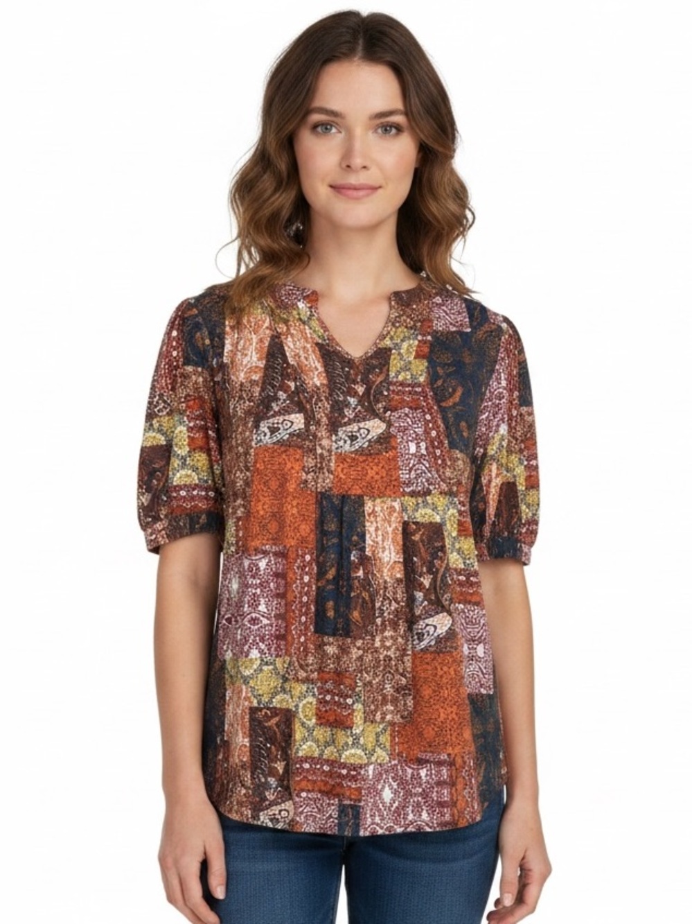 Anyally Puff Short Slv Trendy Pleated V Neck Tunic Top Floral, Paisley Design XL
